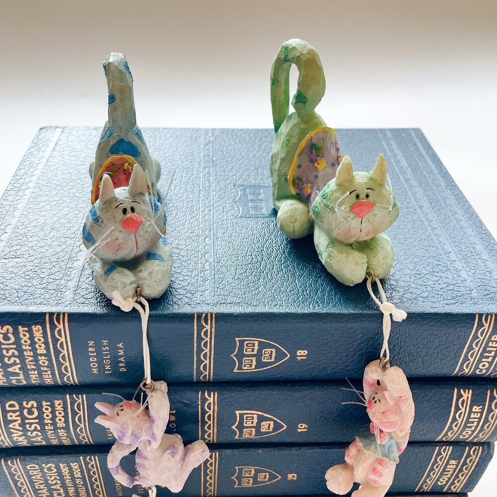 Vintage Whimsical Cat Shelf Sitter Figurines with Dangling Companions Set of 2